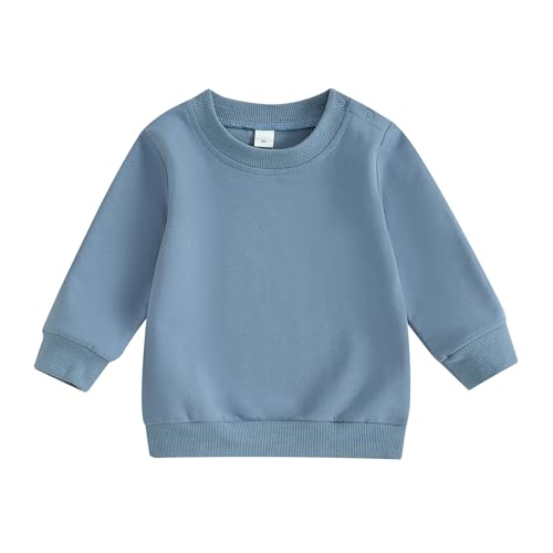 ESSECMBS Kleinkind Baby Jungen Daliy Sweatshirt Kleidung Langarm Rundhalsausschnitt Einfarbig Oberteile Kleiner Junge Frühling Herbst Baumwolle Hemd Kleidung (Blau, 2-3 Years) von ESSECMBS