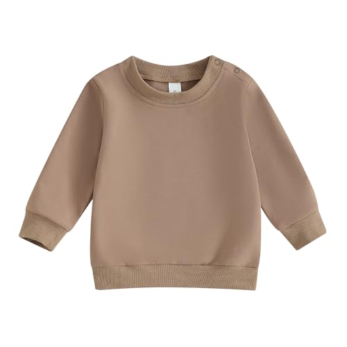 ESSECMBS Kleinkind Baby Jungen Daliy Sweatshirt Kleidung Langarm Rundhalsausschnitt Einfarbig Oberteile Kleiner Junge Frühling Herbst Baumwolle Hemd Kleidung (Braun, 0-6 Months) von ESSECMBS