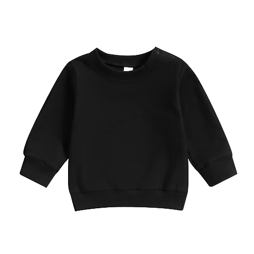 ESSECMBS Kleinkind Baby Jungen Daliy Sweatshirt Kleidung Langarm Rundhalsausschnitt Einfarbig Oberteile Kleiner Junge Frühling Herbst Baumwolle Hemd Kleidung (Schwarz, 0-6 Months) von ESSECMBS