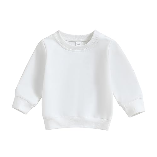 ESSECMBS Kleinkind Baby Jungen Daliy Sweatshirt Kleidung Langarm Rundhalsausschnitt Einfarbig Oberteile Kleiner Junge Frühling Herbst Baumwolle Hemd Kleidung (Weiß, 18-24 Months) von ESSECMBS