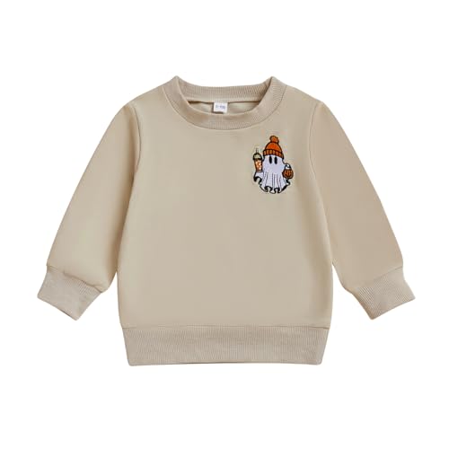 ESSECMBS Kleinkind Baby Jungen Halloween Sweatshirt Langarm Rundhalsausschnitt Einfarbig Geister Stickerei Oberteile Kleiner Junge Frühling Herbst Baumwolle Hemd Kleidung (Khaki, 2-3 Jahre) von ESSECMBS