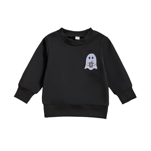 ESSECMBS Kleinkind Baby Jungen Halloween Sweatshirt Langarm Rundhalsausschnitt Einfarbig Geister Stickerei Oberteile Kleiner Junge Frühling Herbst Baumwolle Hemd Kleidung (Schwarz 1, 2-3 Jahre) von ESSECMBS