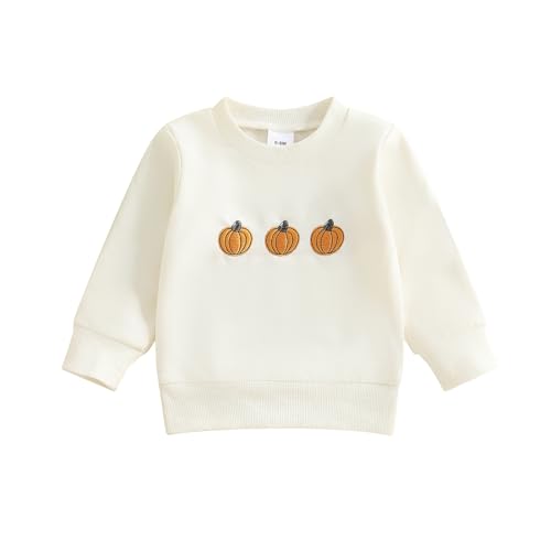 ESSECMBS Kleinkind Baby Jungen Halloween Sweatshirt Langarm Rundhalsausschnitt Einfarbig Kürbis Stickerei Oberteile Kleiner Junge Frühling Herbst Baumwolle Hemd Kleidung (Beige 1, 12-18 Monate) von ESSECMBS