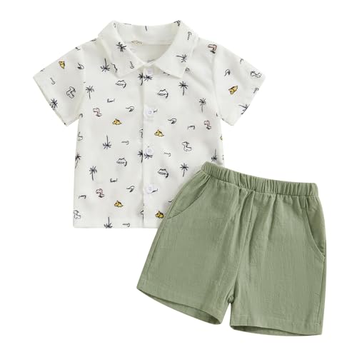 ESSECMBS Kleinkind Baby Jungen Sommer Dinosaurier Bekleidungsset 2PCS Kurzarm Revers Kragen Button Down Hemden Bluse Einfarbige Kurze Hose Jungen Gentleman Kleidung (Weiß+Grün 1, 3-4 Jahre) von ESSECMBS