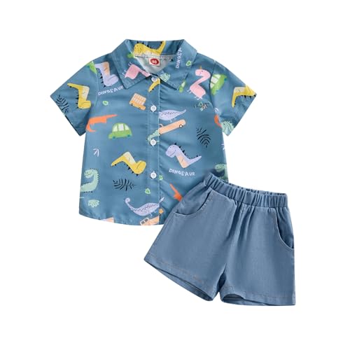 ESSECMBS Kleinkind Baby Jungen Sommer Niedliche Dinosaurier Bekleidungsset 2PCS Kurzarm Revers Kragen Button-Down-Hemden Bluse Einfarbige Kurze Hose Jungen Gentleman Kleidung (Blau 2, 2-3 Years) von ESSECMBS