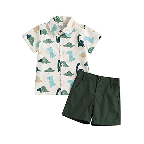 ESSECMBS Kleinkind Baby Jungen Sommer Niedliche Dinosaurier Bekleidungsset 2PCS Kurzarm Revers Kragen Button-Down-Hemden Bluse Einfarbige Kurze Hose Jungen Gentleman Kleidung (Dunkelgrün, 3-4 Jahre) von ESSECMBS
