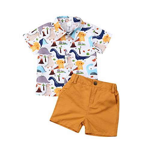 ESSECMBS Kleinkind Baby Jungen Sommer Niedliche Dinosaurier Bekleidungsset 2PCS Kurzarm Revers Kragen Button-Down-Hemden Bluse Einfarbige Kurze Hose Jungen Gentleman Kleidung (Gelb, 5-6 Jahre) von ESSECMBS