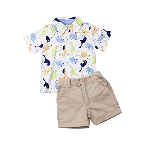 ESSECMBS Kleinkind Baby Jungen Sommer Niedliche Dinosaurier Bekleidungsset 2PCS Kurzarm Revers Kragen Button-Down-Hemden Bluse Einfarbige Kurze Hose Jungen Gentleman Kleidung (Khaki, 3-4 Jahre) von ESSECMBS