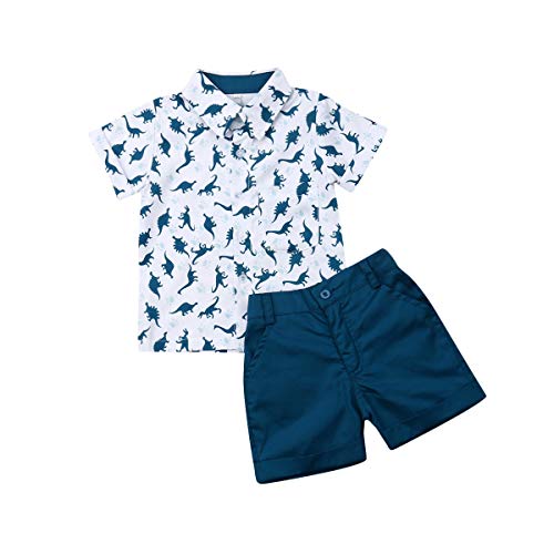 ESSECMBS Kleinkind Baby Jungen Sommer Niedliche Dinosaurier Bekleidungsset 2PCS Kurzarm Revers Kragen Button-Down-Hemden Bluse Einfarbige Kurze Hose Jungen Gentleman Kleidung (Weiß+Blau, 4-5 Jahre) von ESSECMBS