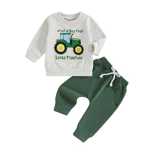 ESSECMBS Kleinkind Baby Jungen Traktor Trainingsanzüge 2PCS Set Langarm Traktoren Sweatshirt Elastische Taille Hosen mit Kordelzug Jungen Warme Weiche Traktor Outfits Hosen Set (Grau, 12-18 Monate) von ESSECMBS