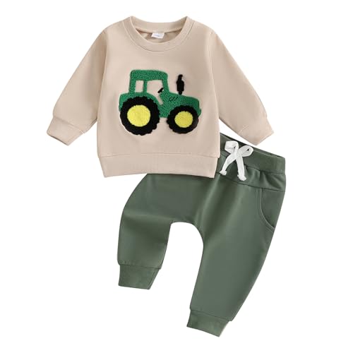 Kleinkind Baby Jungen Traktor Trainingsanzüge 2PCS Set Langarm Traktoren Sweatshirt Elastische Taille Hosen mit Kordelzug Jungen Warme Weiche Traktor Outfits Hosen Set (Khaki 2, 6-12 Months) von ESSECMBS