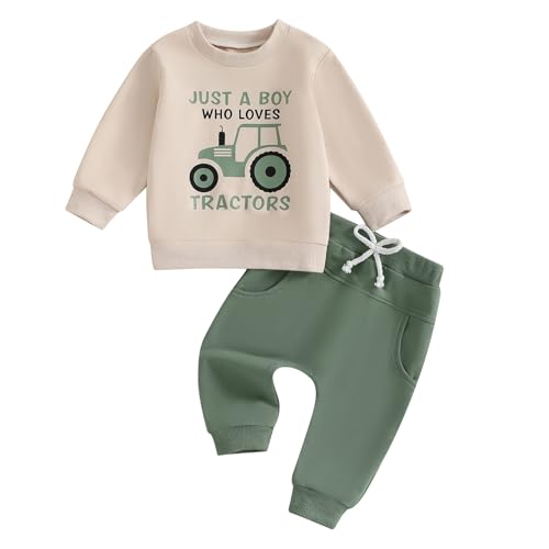 Kleinkind Baby Jungen Traktor Trainingsanzüge 2PCS Set Langarm Traktoren Sweatshirt Elastische Taille Hosen mit Kordelzug Jungen Warme Weiche Traktor Outfits Hosen Set (Khaki 3, 3-4 Years) von ESSECMBS