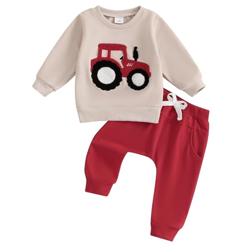 ESSECMBS Kleinkind Baby Jungen Traktor Trainingsanzüge 2PCS Set Langarm Traktoren Sweatshirt Elastische Taille Hosen mit Kordelzug Jungen Warme Weiche Traktor Outfits Hosen Set (Rot, 3-6 Months) von ESSECMBS
