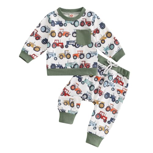 ESSECMBS Kleinkind Baby Jungen Traktor Trainingsanzüge 2PCS Set Langarm Traktoren Sweatshirt Elastische Taille Hosen mit Kordelzug Jungen Warme Weiche Traktor Outfits Hosen Set (Weiß 6-12 Monate) von ESSECMBS