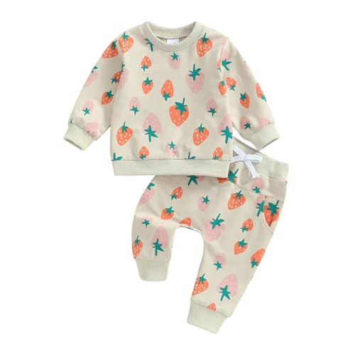 Kleinkind Baby Mädchen Erdbeere Bekleidungsset 2 Stück Langarm Rundhalsausschnitt Erdbeeren Sweatshirt Elastische Taille Hose Neugeborene Mädchen Trainingsanzüge Set (Aprikose, 3-6 Months) von ESSECMBS