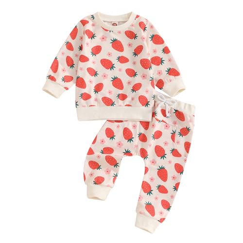ESSECMBS Kleinkind Baby Mädchen Erdbeere Bekleidungsset 2 Stück Langarm Rundhalsausschnitt Erdbeeren Sweatshirt Elastische Taille Hose Neugeborene Mädchen Trainingsanzüge Set (Beige, 18-24 Months) von ESSECMBS