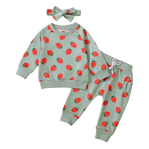 ESSECMBS Kleinkind Baby Mädchen Erdbeere Bekleidungsset 2 Stück Langarm Rundhalsausschnitt Erdbeeren Sweatshirt Elastische Taille Hose Neugeborene Mädchen Trainingsanzüge Set (Grün, 6-12 Months) von ESSECMBS