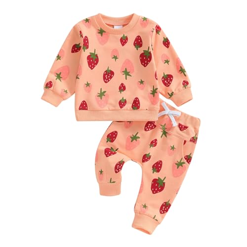 Kleinkind Baby Mädchen Erdbeere Bekleidungsset 2 Stück Langarm Rundhalsausschnitt Erdbeeren Sweatshirt Elastische Taille Hose Neugeborene Mädchen Trainingsanzüge Set (Orange, 18-24 Months) von ESSECMBS