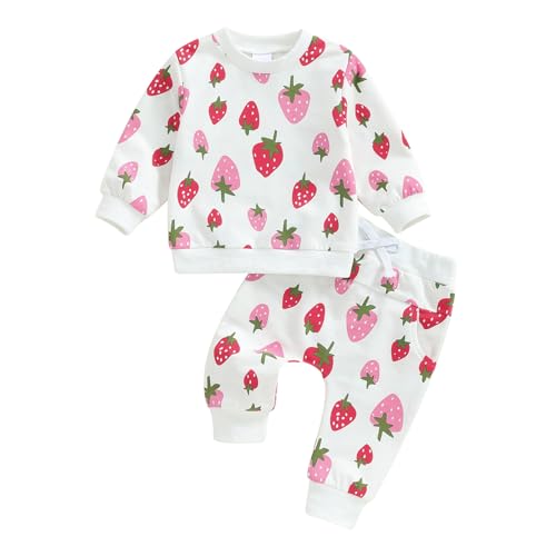 Kleinkind Baby Mädchen Erdbeere Bekleidungsset 2 Stück Langarm Rundhalsausschnitt Erdbeeren Sweatshirt Elastische Taille Hose Neugeborene Mädchen Trainingsanzüge Set (Weiß, 0-3 Months) von ESSECMBS