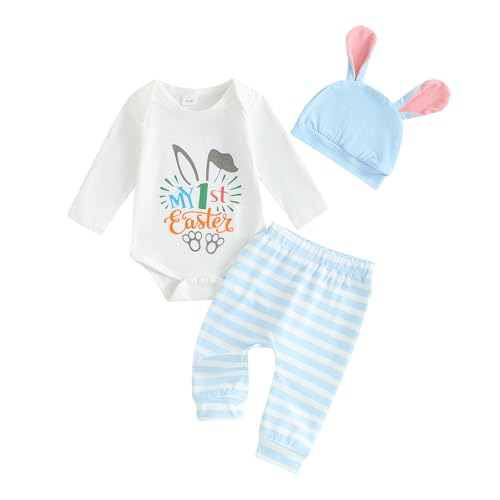 Neugeborene Baby Jungen Mädchen Meine 1. Erste Ostern Bekleidungsset 3PCS Langarm Osterhase Strampler Body Lange Hosen 3D Hase Ohr Hut Baby Frohe Ostern Kleidung (Blau 3, 0-3 Months) von ESSECMBS