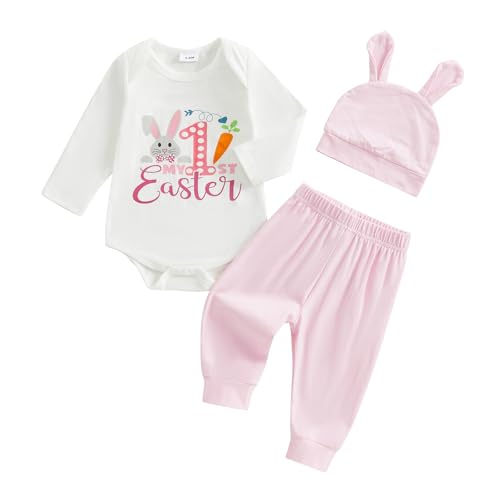 Neugeborene Baby Jungen Mädchen Meine 1. Erste Ostern Bekleidungsset 3PCS Langarm Osterhase Strampler Body Lange Hosen 3D Hase Ohr Hut Baby Frohe Ostern Kleidung (Rosa 4, 3-6 Months) von ESSECMBS