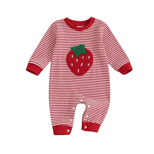 ESSECMBS Neugeborene Baby Mädchen Erdbeere Junpsuits Langarm Erdbeere Stickerei Knopfverschluss Lange Leggings Strampler Baby Täglich Einteiliger Bodysuit (Rot, 0-3 Months) von ESSECMBS