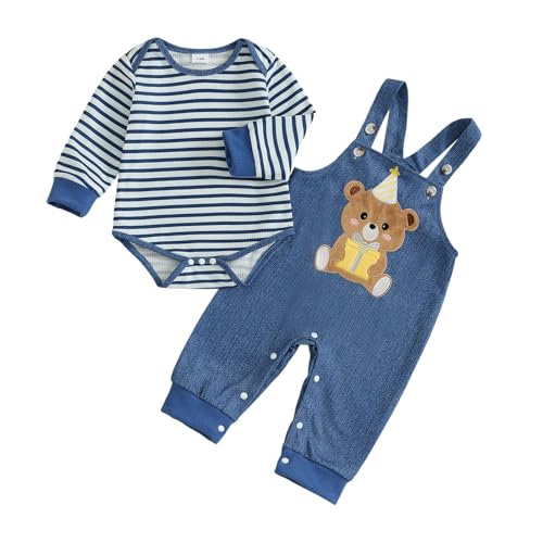 ESSECMBS Säugling Baby Jungen Cartoon Bekleidungsset 2PCS Langarm Knopf Streifen Bodysuit Oberteile Niedliche Bär Dinosaurier Stickerei Lätzchen Lange Hosen Overalls Set (Blau, 3-6 Months) von ESSECMBS