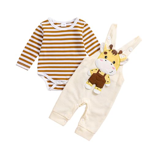 ESSECMBS Säugling Baby Jungen Cartoon Bekleidungsset 2PCS Langarm Knopf Streifen Bodysuit Oberteile Niedliche Bär Dinosaurier Stickerei Lätzchen Lange Hosen Overalls Set (Kaffee, 9-12 Months) von ESSECMBS