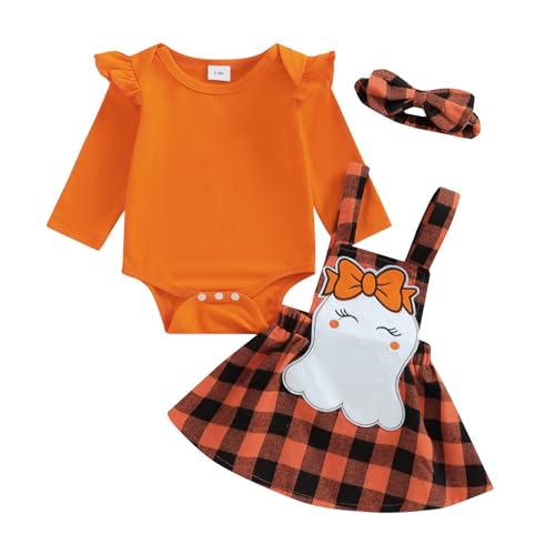 ESSECMBS Säugling Baby Mädchen Halloween Strampler Rock 3pcs Bekleidungsset Langarm Rüschen Schulter Body Hosenträger Kürbis Geist Rock Stirnband Mädchen Allerheiligen Kleidung (Orange 2, 0-3 Months) von ESSECMBS