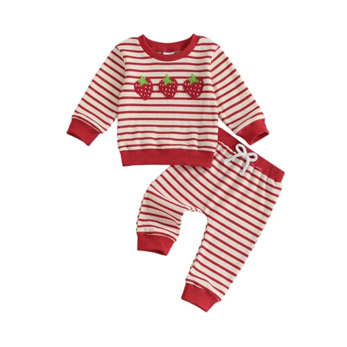 Kleinkind Baby Mädchen Erdbeere Bekleidungsset 2 Stück Langarm Rundhalsausschnitt Erdbeeren Sweatshirt Elastische Taille Hose Neugeborene Mädchen Trainingsanzüge Set (Rot, 18-24 Months) von ESSECMBS