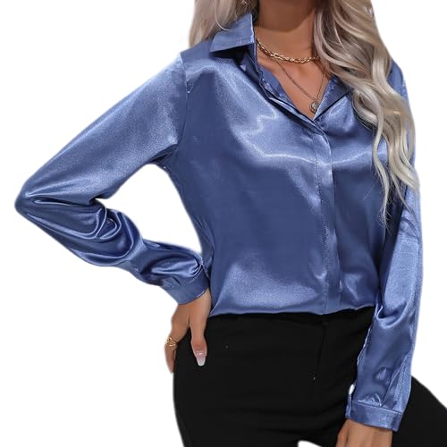 ESSENJUN Damen Bluse Langarm Satin Shirt Modische Hemdbluse mit Button und V-Ausschnitt für Casual Arbeit und Freizeit(Blau01 L) von ESSENJUN