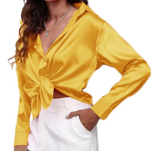 ESSENJUN Damen Bluse Langarm Satin Shirt Modische Hemdbluse mit Button und V-Ausschnitt für Casual Arbeit und Freizeit(Gelb M) von ESSENJUN
