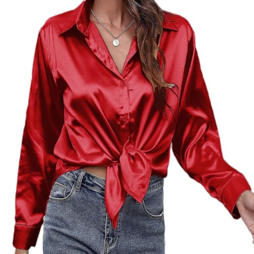 ESSENJUN Damen Bluse Langarm Satin Shirt Modische Hemdbluse mit Button und V-Ausschnitt für Casual Arbeit und Freizeit(Rot L) von ESSENJUN