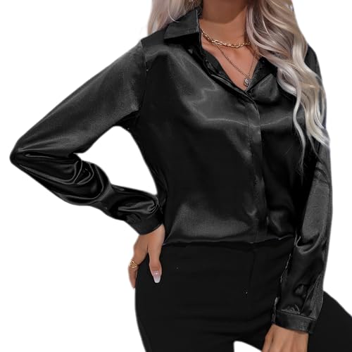 ESSENJUN Damen Bluse Langarm Satin Shirt Modische Hemdbluse mit Button und V-Ausschnitt für Casual Arbeit und Freizeit(Schwarz01 M) von ESSENJUN
