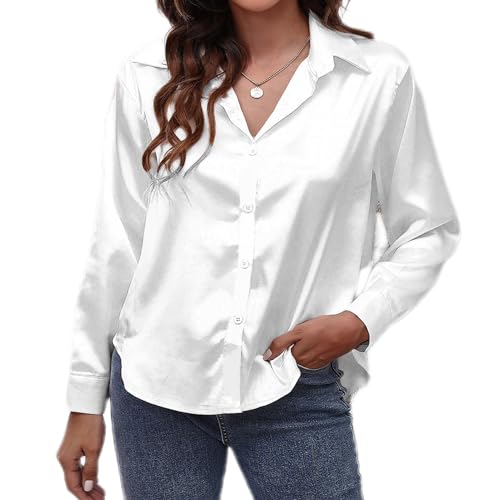 ESSENJUN Damen Bluse Langarm Satin Shirt Modische Hemdbluse mit Button und V-Ausschnitt für Casual Arbeit und Freizeit(Weiß M) von ESSENJUN