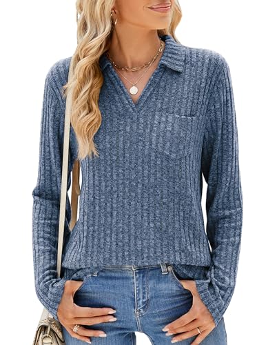 ESSENJUN Pullover Damen Elegant Sweatshirt V Ausschnitt Leichte Strickpullover Oberteile Langarm Shirts Lässige Tops(Blue L) von ESSENJUN
