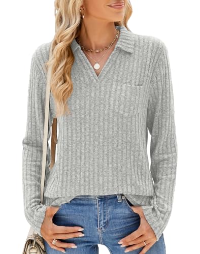 ESSENJUN Pullover Damen Elegant Sweatshirt V Ausschnitt Leichte Strickpullover Oberteile Langarm Shirts Lässige Tops(Grau L) von ESSENJUN