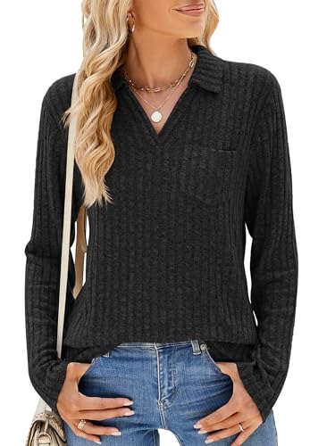 ESSENJUN Pullover Damen Elegant Sweatshirt V Ausschnitt Leichte Strickpullover Oberteile Langarm Shirts Lässige Tops(Schwarz XL) von ESSENJUN