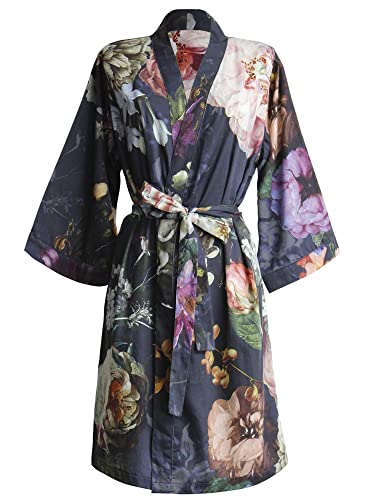 ESSENZA Kimono Morgenmantel Fleur Dunkelblau Blumen Blüten Rosen Tulpen Pflanzen Gürtel Muster, Größe:S von ESSENZA