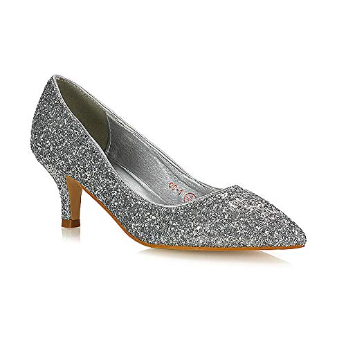 Damen Glitzer-Spitzschuhe, Slipper, niedriger Absatz, Party-Pumps Größe 36-42, Silber Glitter, 39 EU Damen Glitzer-Spitzschuhe, Slipper, niedriger Absatz, Party-Pumps Größe 36-42, Silber Glitter, 39 EU von ESSEX GLAM