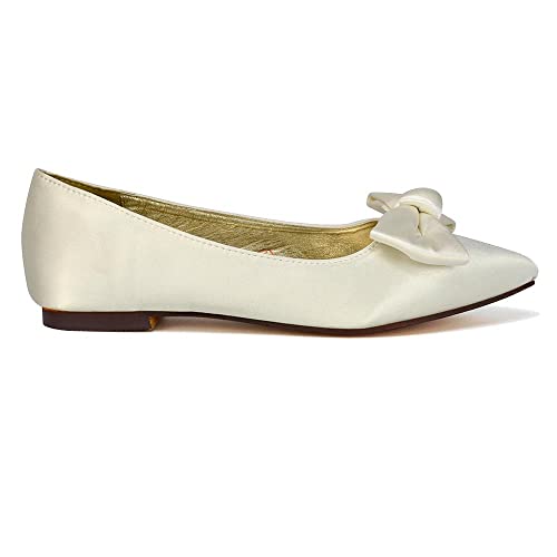 ESSEX GLAM Damen Flache Braut-Pumps Satin Schleife Spitze Zehenbereich Brautjungfer Hochzeit Schuhe Größe 36-42, weiß - white satin, 38 EU von ESSEX GLAM