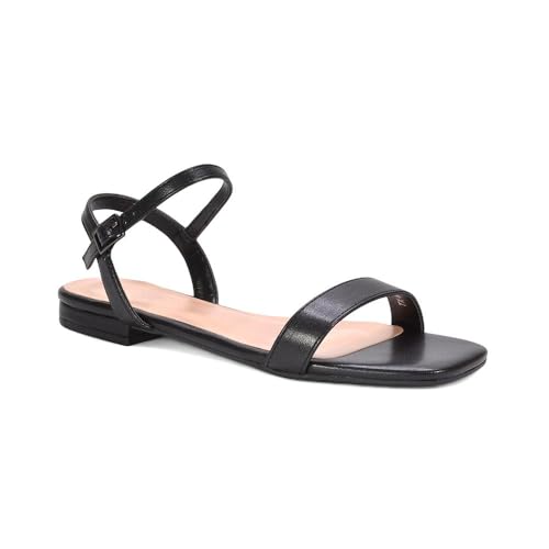 ESSEX GLAM Flache Riemchensandalen für Damen, Knöchelriemen, offene Zehenschnalle, Kunstleder, Größe 36-42, Schwarzes Kunstleder, 39 EU von ESSEX GLAM