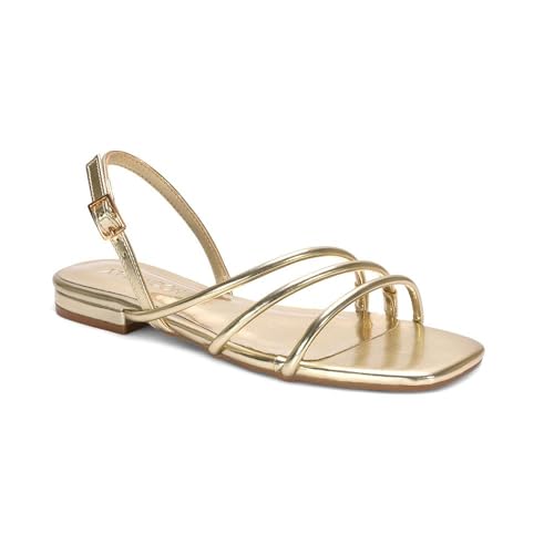 ESSEX GLAM Riemchensandalen für Damen, flache Slingback-Schnalle, quadratische Zehenpartie, Kunstleder, Größe 36-42, metallic-goldfarben, 38 EU ESSEX GLAM Riemchensandalen für Damen, flache Slingback-Schnalle, quadratische Zehenpartie, Kunstleder, Größe 36-42, metallic-goldfarben, 38 EU von ESSEX GLAM