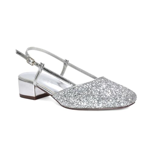 ESSEX GLAM Slingback-Pumps für Damen, Schnallenriemen, Party, niedriger Block, quadratischer Zehenbereich, bequemer Absatz, Größe 36-42, Silber Glitter, 38 EU von ESSEX GLAM