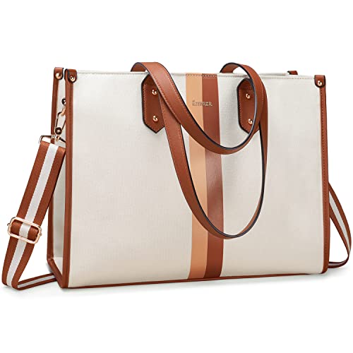 Estarer Laptoptasche für Damen, 15,6 Zoll, große Tragetasche, Umhängetasche, Segeltuch, Handtasche, Aktentasche für Arbeit, Büro, Braun+Beige, 15.6 Inch von ESTARER