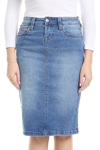 ESTEEZ Denim Jeans Röcke für Frauen Knielang - Damen Bleistift Stretch Bescheidene Jeansröcke - Melrose, Klassisch Vintage, 42 von ESTEEZ