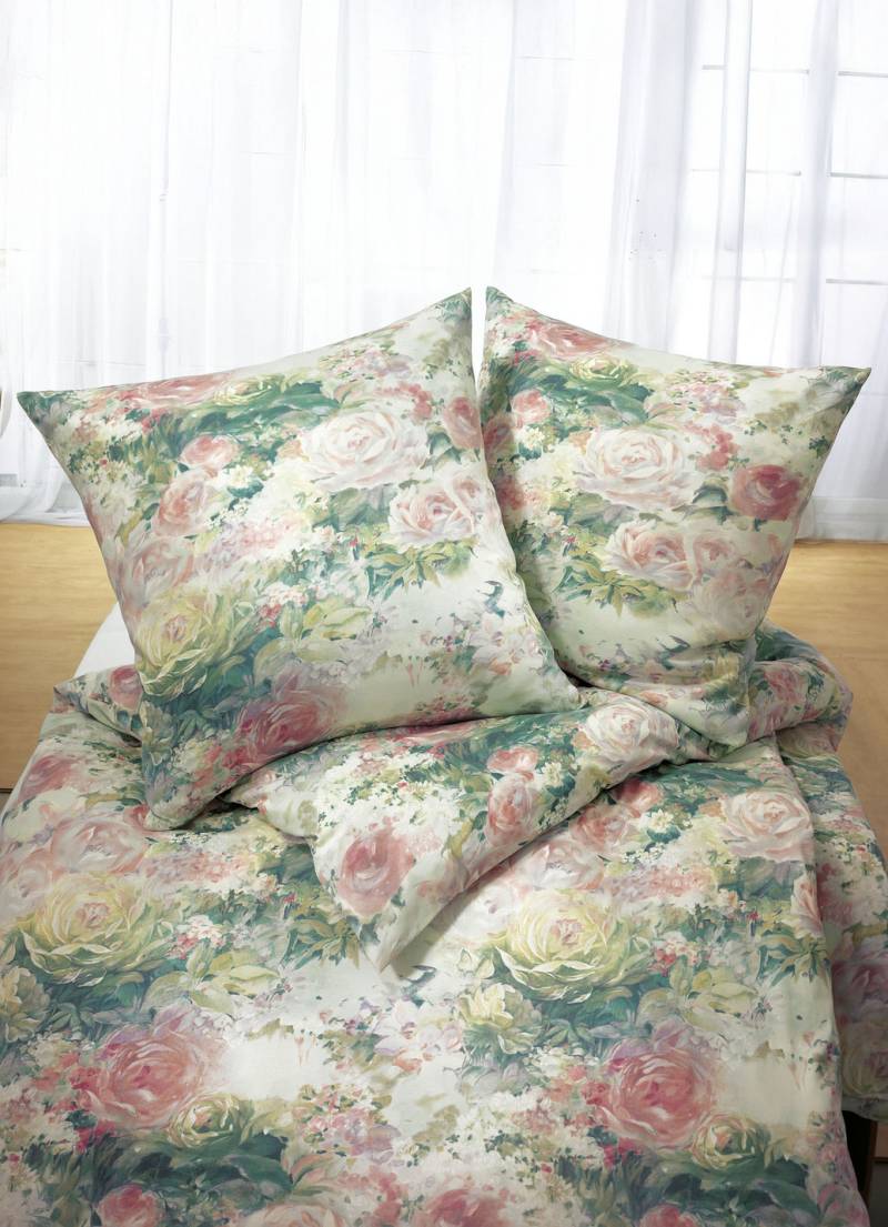 Bettwäsche-Garnitur in verschiedene Qualitäten, Größe 014 (80/80 cm + 155/200 cm), Qualität Mako-Jersey, Rosé-Grün von ESTELLA