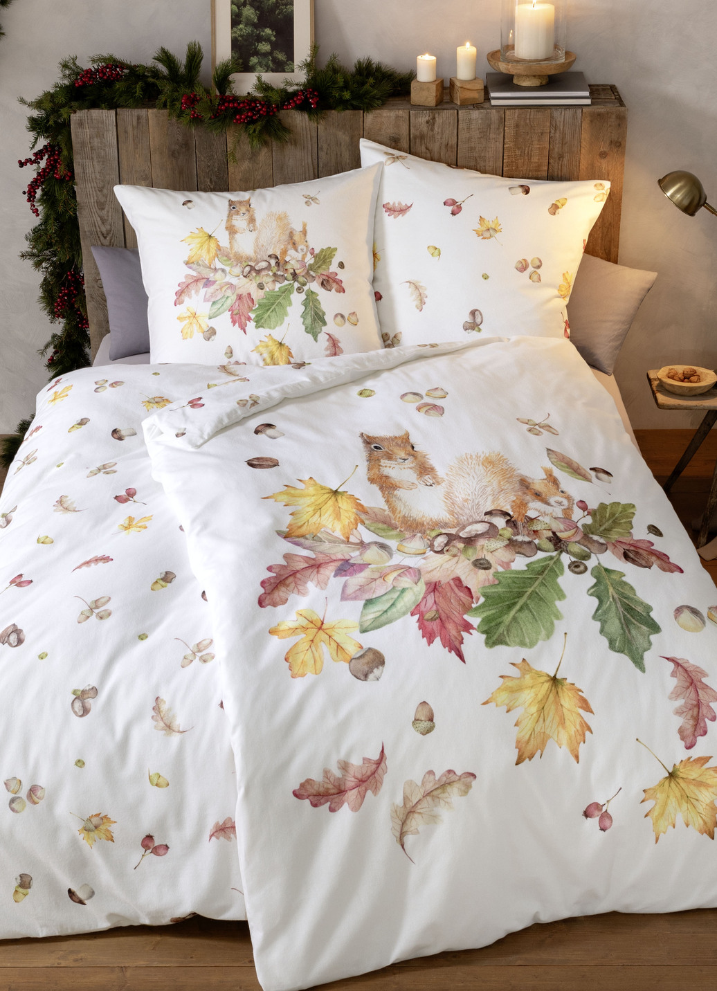 Bettwäsche-Garnitur mit herbstlichen Motiven, Größe 112 (80x80 cm + 135x200 cm), Natur von ESTELLA