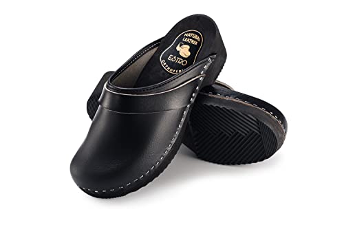 ESTRO Clogs Damen Holz Leder - Clogs Herren Damen Clogs Leder Holzschuhe Herren Holzclogs Damen mit rutschfest Sohle CDL07 (36, Schwarz) von ESTRO