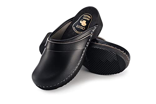 ESTRO Clogs Damen Holz Leder - Clogs Herren Holzschuhe Herren Holzclogs Damen mit rutschfest Sohle CDL07 (44, Schwarz) von ESTRO